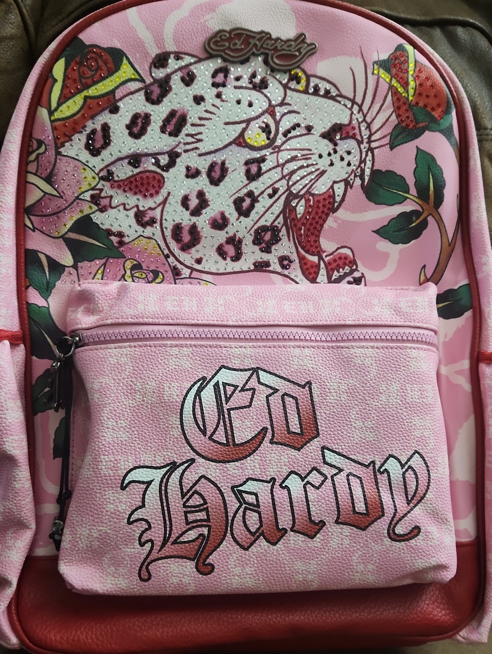 Ed Hardy Pink Floral & Leopard Studded Backpack